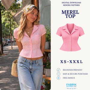 May include: A digital download sewing pattern for a Merel Top, featuring a pink and white gingham button-down shirt with short puff sleeves, a notched collar, and a peplum waist. The pattern is available in sizes XS through XXXL for beginners.