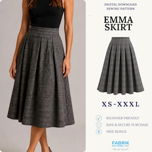 Könnte beinhalten: Ein digitales Schnittmuster für den Emma-Rock, erhältlich in den Größen XS-XXXL. Der Rock ist ein graues, wadenlanges, plissiertes Kleidungsstück mit Karomuster. Das Bild enthält den Text Digital Download Sewing Pattern, Emma Skirt, XS-XXXL.