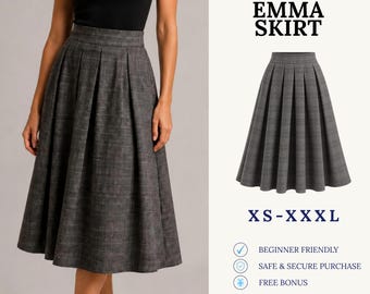 May include: A digital sewing pattern for the Emma Skirt, available in sizes XS-XXXL. The skirt is a grey, mid-length, pleated garment with a plaid pattern. The image includes text stating Digital Download Sewing Pattern, Emma Skirt, XS-XXXL.