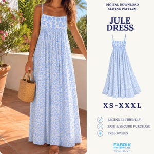 Puede incluir: Un vestido largo hasta el suelo con tirantes finos y un estampado floral azul sobre fondo blanco. El texto dice: DIGITAL DOWNLOAD SEWING PATTERN, JULE DRESS, XS-XXL, BEGINNER FRIENDLY, SAFE & SECURE PURCHASE, FREE BONUS, FABRIK PATTERN LINE.