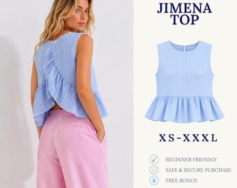 Jimena Top Sewing Pattern PDF | Open Back Peplum Top Pattern | Ruffle Summer Blouse | Easy Beginner Pattern | Women Sewing Pattern