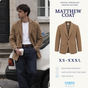 Könnte beinhalten: Ein digitales Schnittmuster zum Download für den Matthew Coat, erhältlich in den Größen XS bis XXXL. Das Design zeigt einen beigen Blazer mit steigendem Revers, zwei Knöpfen vorne und zwei Pattentaschen. Der Text enthält 'Digital Download Sewing Pattern', 'Matthew Coat', 'XS-XXXL', 'Beginner Friendly', 'Safe & Secure Purchase', 'Free Bonus' und 'Fabrik Pattern Line'.