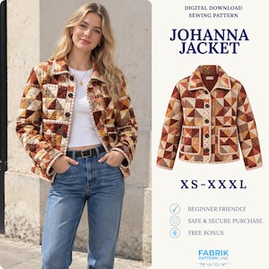May include: A digital download sewing pattern for the Johanna Jacket, available in sizes XS-XXXL. The jacket features a quilted patchwork design in shades of brown, orange, and cream, with a collar, front buttons, and two front pockets.