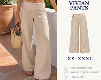 Könnte beinhalten: Beigefarbene Hose mit weitem Bein, Wickelbund und seitlichem Bindeband. Das digitale Schnittmuster trägt den Namen Vivian Pants, ist in den Größen XS-XXL erhältlich und enthält Hinweise auf ein anfängerfreundliches Design und einen Bonus.