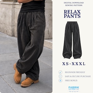 May include: A digital download sewing pattern for Relax Pants in sizes XS-XXXL. The image displays dark gray corduroy trousers with a wide-leg fit, an elasticated waistband, and front pleats, paired with tan boots. Text includes Relax Pants and XS-XXXL.