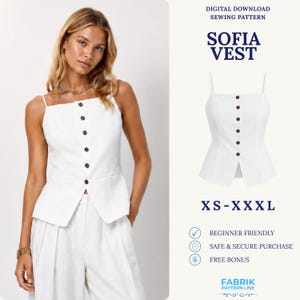 Puede incluir: Un chaleco blanco sin mangas con escote cuadrado y cierre frontal de botones en color marrón oscuro. El texto dice: DIGITAL DOWNLOAD SEWING PATTERN, SOFIA VEST, XS-XXXL, BEGINNER FRIENDLY, SAFE & SECURE PURCHASE, FREE BONUS, FABRIK PATTERN LINE.