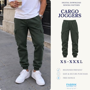 Può includere: Pantaloni cargo verde oliva scuro con vita a coulisse, tasche cargo laterali e polsini a coste alle caviglie. Il testo recita: DIGITAL DOWNLOAD SEWING PATTERN, CARGO JOGGERS, XS-XXL, BEGINNER FRIENDLY, SAFE & SECURE PURCHASE, FREE BONUS, FABRIK PATTERN LINE.