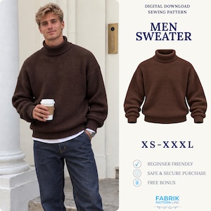 Könnte beinhalten: Ein dunkelbrauner Langarmpullover mit Waffelstrickstruktur und hohem Rollkragen. Das Bild enthält den Text: DIGITAL DOWNLOAD SEWING PATTERN, MEN SWEATER, XS-XXL, BEGINNER FRIENDLY, SAFE & SECURE PURCHASE, FREE BONUS, FABRIK PATTERN LINE.