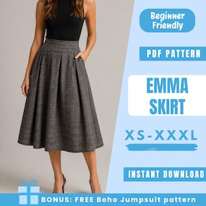 Puede incluir: Una falda gris a cuadros con pliegues y bolsillos. La falda es parte del patrón PDF "EMMA SKIRT", disponible en tallas XS-XXXL. La imagen también incluye el texto "Beginner Friendly" y "Instant Download".