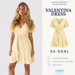 Puede incluir: Un vestido cruzado de color amarillo claro con un pequeño estampado floral blanco, mangas cortas con vuelo, escote en V y lazo en la cintura. El texto dice: DIGITAL DOWNLOAD SEWING PATTERN VALENTINA DRESS XS-XXXL BEGINNER FRIENDLY SAFE & SECURE PURCHASE FREE BONUS FABRIK PATTERN LINE.