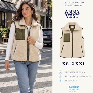 May include: A digital download sewing pattern for the Anna Vest, available in sizes XS-XXXL. The vest is cream-colored fleece with a dark olive green zippered chest pocket, a full-length front zipper, and dark olive green trim along the edges.