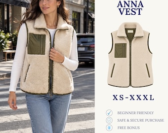 Cartamodello per gilet in pile | Cartamodello per gilet da donna | Gilet con cerniera | Gilet in pelliccia sintetica | Cartamodello per gilet sherpa | Cartamodello PDF