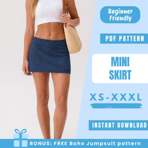 Puede incluir: Una minifalda azul marino, parte de un patrón PDF, se muestra en esta imagen. El texto de la imagen dice "Beginner Friendly", "Mini Skirt", "XS-XXXL" y "Instant Download". La imagen también dice "BONUS: FREE Boho Jumpsuit pattern".