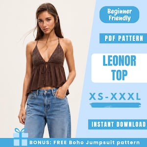 Può includere: Una donna indossa un top marrone all'americana e jeans blu. Il top ha uno scollo a V profondo e una chiusura con fiocco. Il testo sull'immagine recita "LEONOR TOP" e "XS-XXXL". Altri testi includono "Beginner Friendly", "PDF PATTERN" e "INSTANT DOWNLOAD".