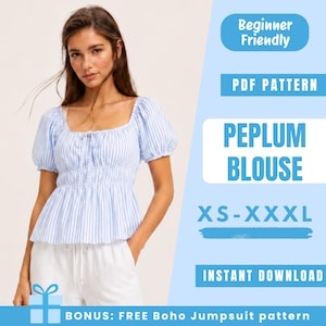 Puede incluir: Blusa peplum a rayas azul claro y blanco con cuello cuadrado y mangas cortas abullonadas. La imagen incluye el texto "Beginner Friendly", "PDF Pattern", "Peplum Blouse", "XS-XXXL" y "Instant Download".