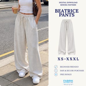 Op de afbeelding: Een digitaal downloadbaar naaipatroon voor de Beatrice-broek, met een wijd model en een elastische tailleband met trekkoord. Het patroon is beschikbaar in de maten XS tot en met XXXL en is geschikt voor beginners in naaiprojecten.