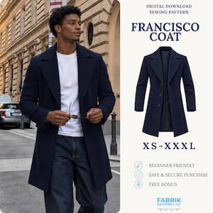 Op de afbeelding: Een digitaal naaipatroon voor de Francisco jas, verkrijgbaar in de maten XS-XXXL. Het ontwerp toont een donkerblauwe jas met een ingekeepte revers, lange mouwen en een sluiting met drie knopen. Het patroon is geschikt voor beginners.