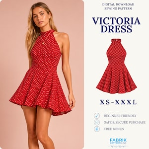 May include: A red sleeveless dress with a white polka dot pattern, featuring a high halter neckline and a flared skirt. The text reads Digital Download Sewing Pattern Victoria Dress XS-XXXL Beginner Friendly Safe & Secure Purchase Free Bonus.