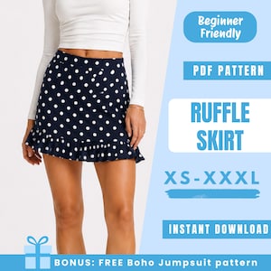 May include: A navy blue ruffle skirt with white polka dots. The skirt has a ruffled hem and is shown with a white long-sleeve top. Text on the image says "Beginner Friendly", "PDF Pattern", "Ruffle Skirt", "XS-XXXL", and "Instant Download".