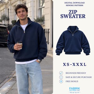 Puede incluir: Un suéter azul marino con cremallera, cuello alto y mangas largas, mostrado como un patrón de costura digital. El texto dice: DIGITAL DOWNLOAD SEWING PATTERN, ZIP SWEATER, XS-XXL, BEGINNER FRIENDLY, SAFE & SECURE PURCHASE, FREE BONUS, FABRIK PATTERN LINE.