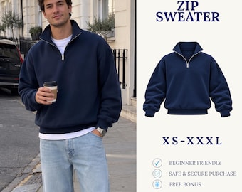 May include: A navy blue zip sweater with a high collar and long sleeves, shown as a digital download sewing pattern. The text reads: DIGITAL DOWNLOAD SEWING PATTERN, ZIP SWEATER, XS-XXL, BEGINNER FRIENDLY, SAFE & SECURE PURCHASE, FREE BONUS, FABRIK PATTERN LINE.