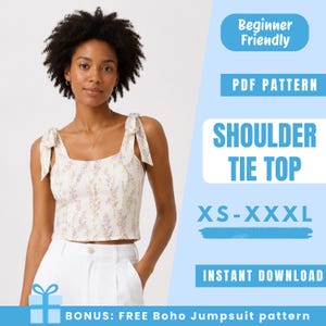 Op de afbeelding: Een mouwloze crop top met schouderstrikken en een bloemenpatroon in paars en geel op een witte achtergrond. De tekst luidt: Beginner Friendly, PDF PATTERN, SHOULDER TIE TOP, XS-XXXL, INSTANT DOWNLOAD, BONUS: FREE Boho Jumpsuit pattern.