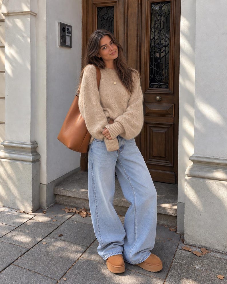 May include: A beige long-sleeved knit sweater with a crew neckline and ribbed cuffs, paired with light-wash wide-leg denim jeans, a tan leather shoulder bag, and tan suede platform shoes. The outfit is worn with a simple gold pendant necklace.