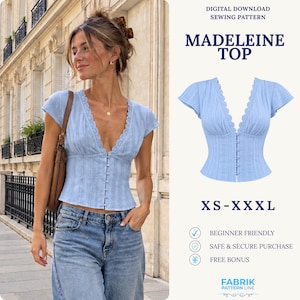 Può includere: Un top azzurro con scollo a V profondo, bordi smerlati e chiusura frontale con bottoni. Il testo recita: DIGITAL DOWNLOAD SEWING PATTERN, MADELEINE TOP, XS-XXL, BEGINNER FRIENDLY, SAFE & SECURE PURCHASE, FREE BONUS, FABRIK PATTERN LINE.