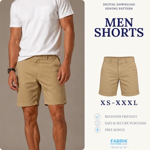 May include: A digital download sewing pattern for shorts, featuring tan khaki shorts with a button closure, belt loops, and cuffed hems. The text reads: DIGITAL DOWNLOAD SEWING PATTERN, MEN SHORTS, XS-XXXL, BEGINNER FRIENDLY, SAFE & SECURE PURCHASE, FREE BONUS, FABRIK PATTERN LINE.