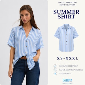 Cartamodello PDF per camicia estiva | Cartamodello per camicia oversize con bottoni | Camicia con colletto morbido | Cartamodello facile per principianti | Cartamodello da donna