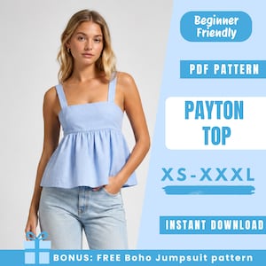 Puede incluir: Un top peplum de color azul claro con tirantes anchos y escote cuadrado. El texto en la imagen dice: Beginner Friendly, PDF PATTERN, PAYTON TOP, XS-XXXL, INSTANT DOWNLOAD, BONUS: FREE Boho Jumpsuit pattern.