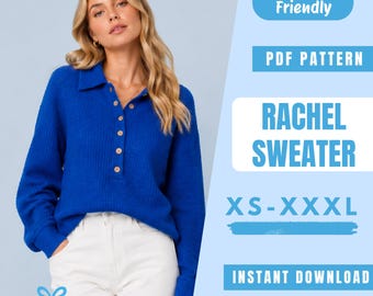 Schnittmuster für einen Pullover mit Kragen (PDF) | Pullover mit halber Knopfleiste | Oversize-Strickpullover | Einfaches Anfänger-Schnittmuster | Damen-Schnittmuster