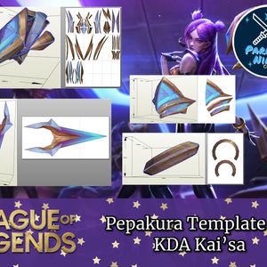 以下が含まれることがあります： League of LegendsのKDAカイ'サのコスプレ用小道具のデジタルペーパークラフトテンプレート。テンプレートには、鋭角的なデザインの青と金のヘッドピースの作り方の説明が含まれています。