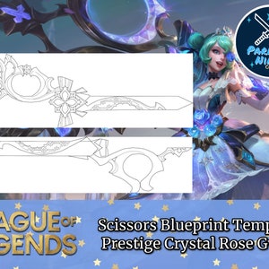 May include: A printable template for a League of Legends Crystal Rose Gwen cosplay prop. The template shows a detailed blueprint of a pair of scissors with intricate floral designs.