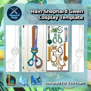 May include: Rain Shepherd Gwen cosplay template featuring a scissors design. The template includes a detailed diagram of the scissors, with measurements in millimeters. The design is intended for use with EVA foam. The image also includes the text "Parkour Ninja Cosplay".