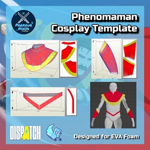 Puede incluir: Un plantilla digital de cosplay para Phenomaman, con un cuello, puños y detalles en el pecho rojos y amarillos. La plantilla está diseñada para espuma EVA. La imagen también incluye el logo de Parkour Ninja y el texto 'Designed for EVA Foam'.