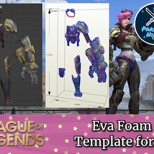 May include: Eva foam template for a Vi cosplay from League of Legends. The template includes a detailed outline of the character's mechanical arm, legs, and other body parts. The template is printed on a white background.