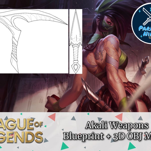 Akali Scythe and Kunai Cosplay Template - Blueprint for Cosplay - League of Legends - A4 PDF to Foam - Pepakura