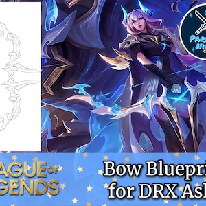 Puede incluir: Un plano para un arco, con un dibujo de línea detallado de la forma y el diseño del arco. El arco es un arma clave para el personaje Ashe en el popular videojuego League of Legends. El plano está etiquetado como "Bow Blueprint for DRX Ashe".