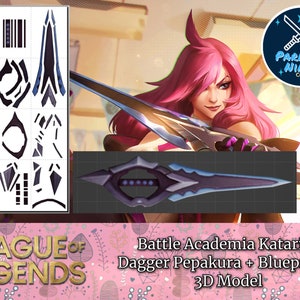 May include: League of Legends Battle Academia Katarima Dagger Pepakura, a papercraft model kit with a blueprint and 3D model. The dagger is blue and purple with a black handle. The image also shows a character from the game, Katarina, holding the dagger.