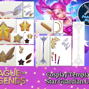 May include: Cosplay template for Star Guardian Lux from League of Legends. The template includes a staff, a headband, and a star-shaped chest piece.