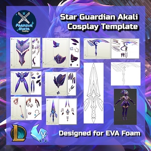May include: A cosplay template for Star Guardian Akali, featuring various costume pieces in purple, blue, and white. The design includes a sword, armor, and other accessories, designed for EVA foam. The image also includes the text "Parkour Ninja Cosplay".