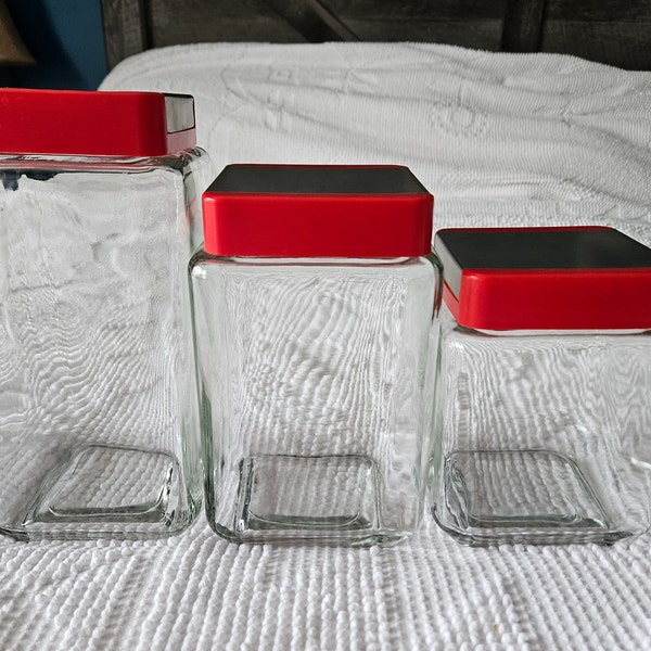 Vintage Retro Square Glass Canisters with Lids, Retro Storage Jars, MCM Canisters
