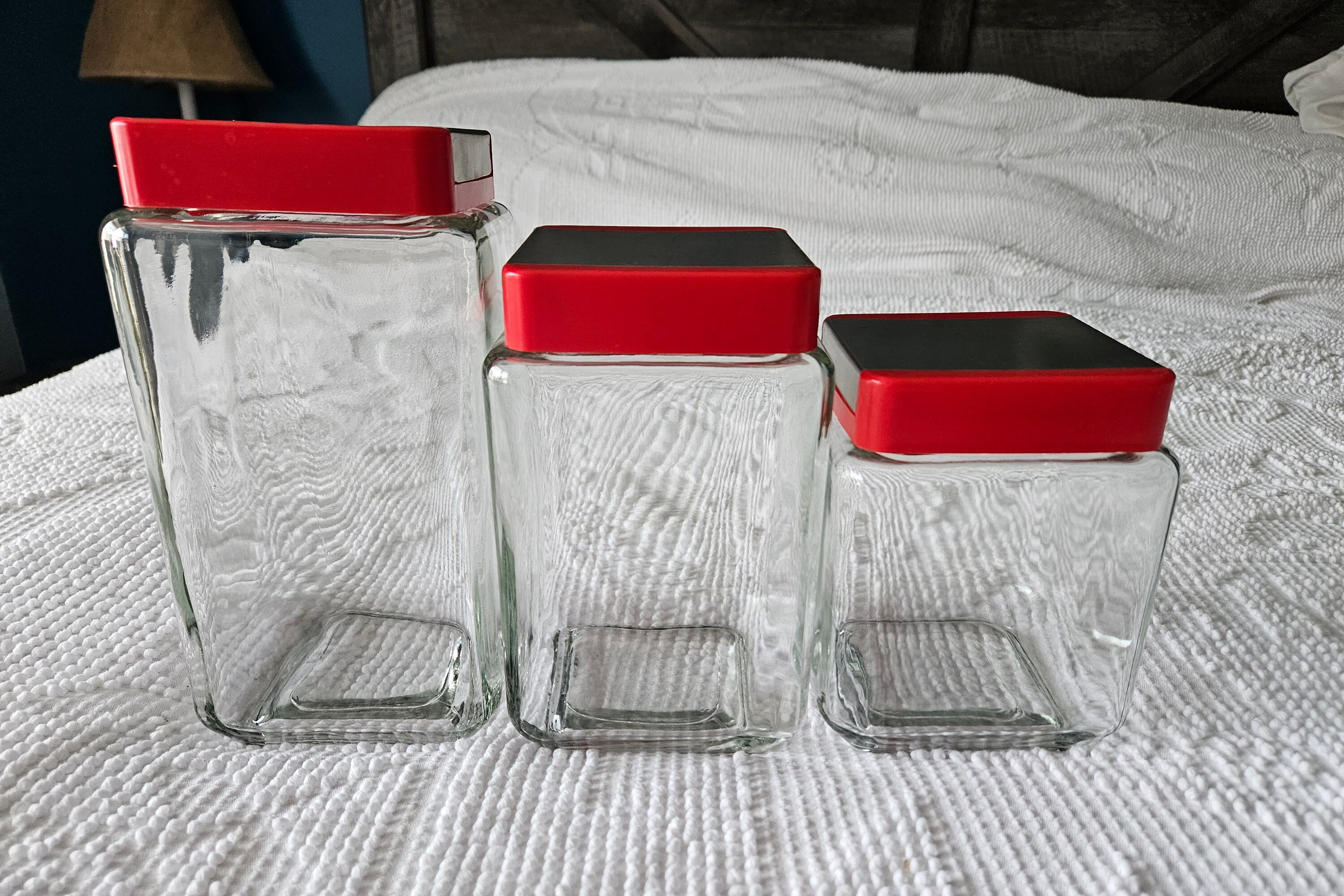 Up to 9 Vintage Clear Glass Storage Canister Jars W Lids: 4” Tall Jar ~6” w  lids