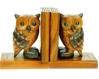 Hand Carved Wooden Owl Bookends - Solid Wood Animal Decoration