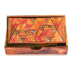 May include: A wooden triangular dominoes game with a drawer to store the pieces. The dominoes are decorated with colourful dots.