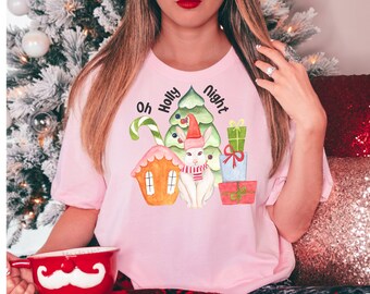 Camiseta navideña, Oh Holly night, lindo regalo de camiseta navideña para mamá, ceñida para niñas, gatos Navidad, gato y árbol