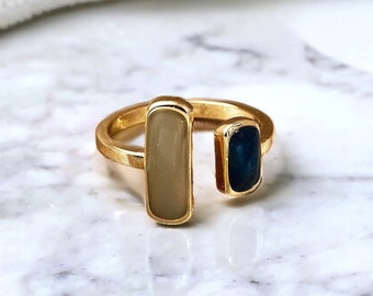 Two Tone Square Open Ring, 2 Color Stones Adjustable Gold Rings, Geometric Finger Jewelry, Trendy Party Accessory, Retro Gifts for Her