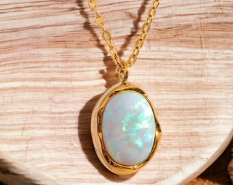 Natural Australian Stone Gold Necklace, Oval Opal Link Chain Jewelry, Vintage Pendant Necklaces, Retro Stainless Steel Waterproof Jewellery