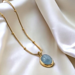 Vintage Sky Blue Jade Necklace, Elegant French Crystal Pendant For Women, Gold Plated Snake Bone Beads Chain, Cute Gift For Her